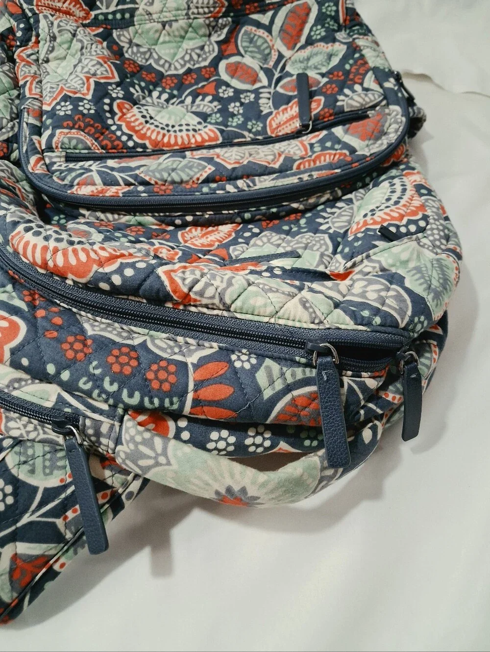 Vera Bradley Navy Quilted Floral Backpack with Coral & Mint Accents